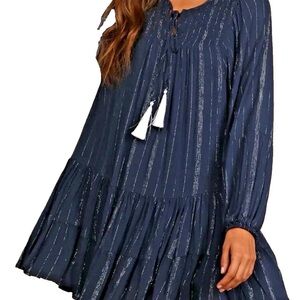 LuLus Navy Blue Striped Long Sleeve Tiered Swing Dress Metallic Boho Siz…